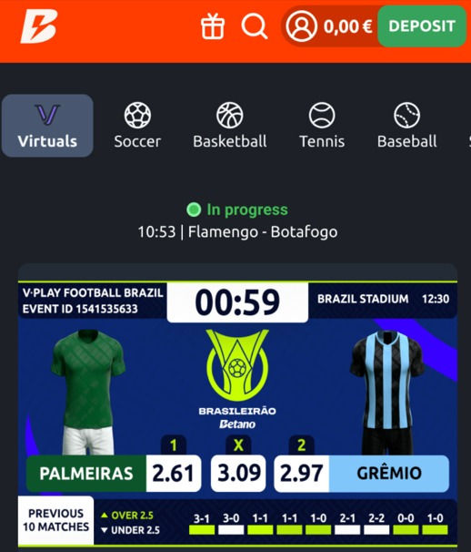 Tela Mobile - Virtual Gaming - Betano
