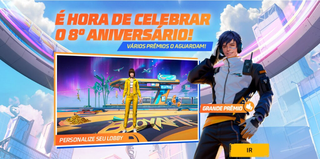 É hora de celebrar o 8º aniversário de Free Fire - Lobby personalizável
