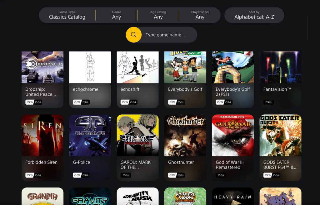 O "Catálogo de Clássicos" do PS Plus está disponível para os usuários Premium com os maiores valores de pagamento. Por meio dele, a Sony oferece uma gama de jogos que demonstram a amplitude dos 30 anos de história do PlayStation. As adições ao catálogo não são necessariamente permanentes. Captura de tela: site do PS Plus .