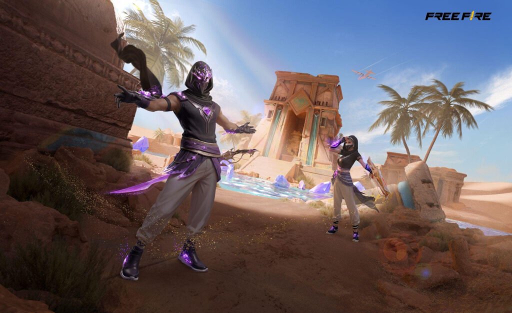 Conjuntos com estilo Guardião do Oásis — Explorador Arcano (esquerda), Exploradora Arcana (direita).