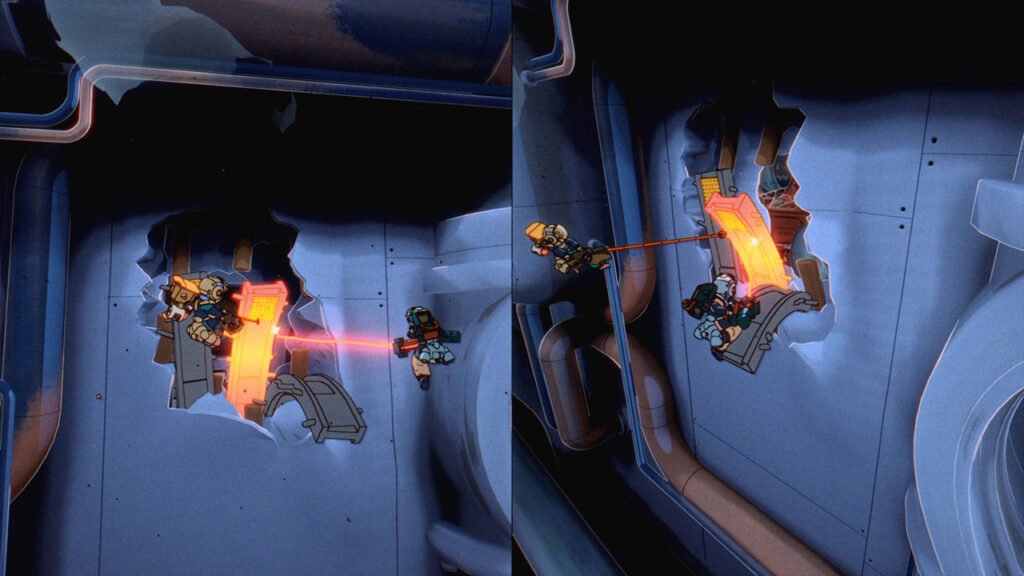 Enquanto um jogador derrete a viga com o Canhão de Raios, o outro pode movê-la com o Gancho de Sucata! Unam suas mentes para usar suas ferramentas de diversas maneiras!